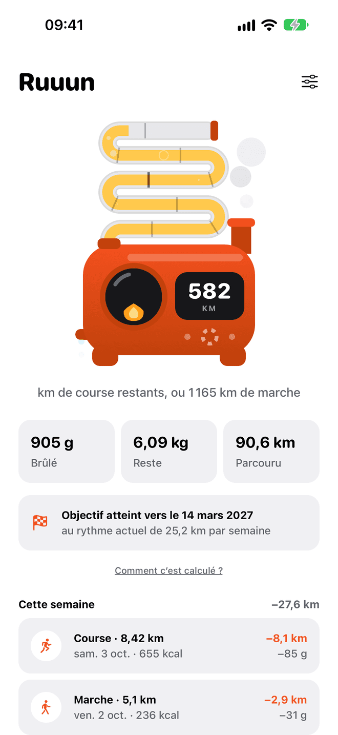 Ruuun home screen: a little machine whose graduated coil and counter show 582 km left