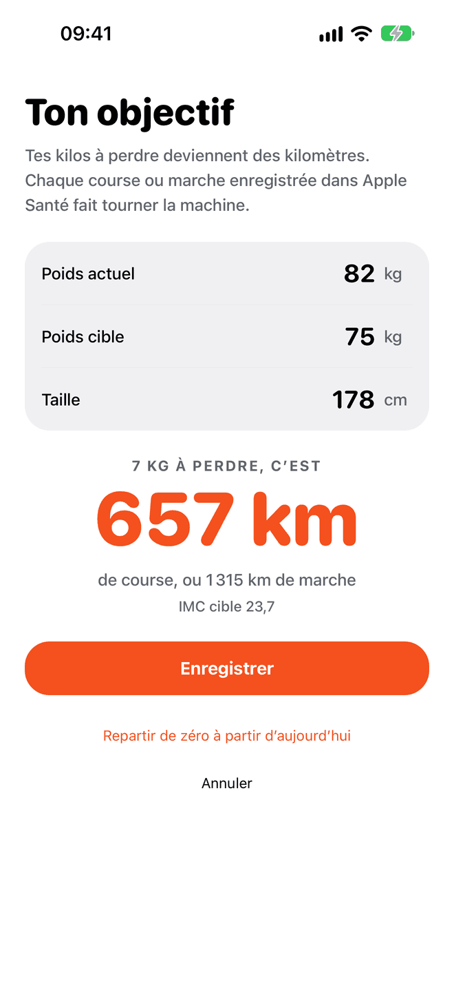 Goal screen: 7 kg to lose is 657 km of running